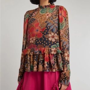 Farm Rio Alessia Floral Top | Flowered Leopards Blouse | Size L